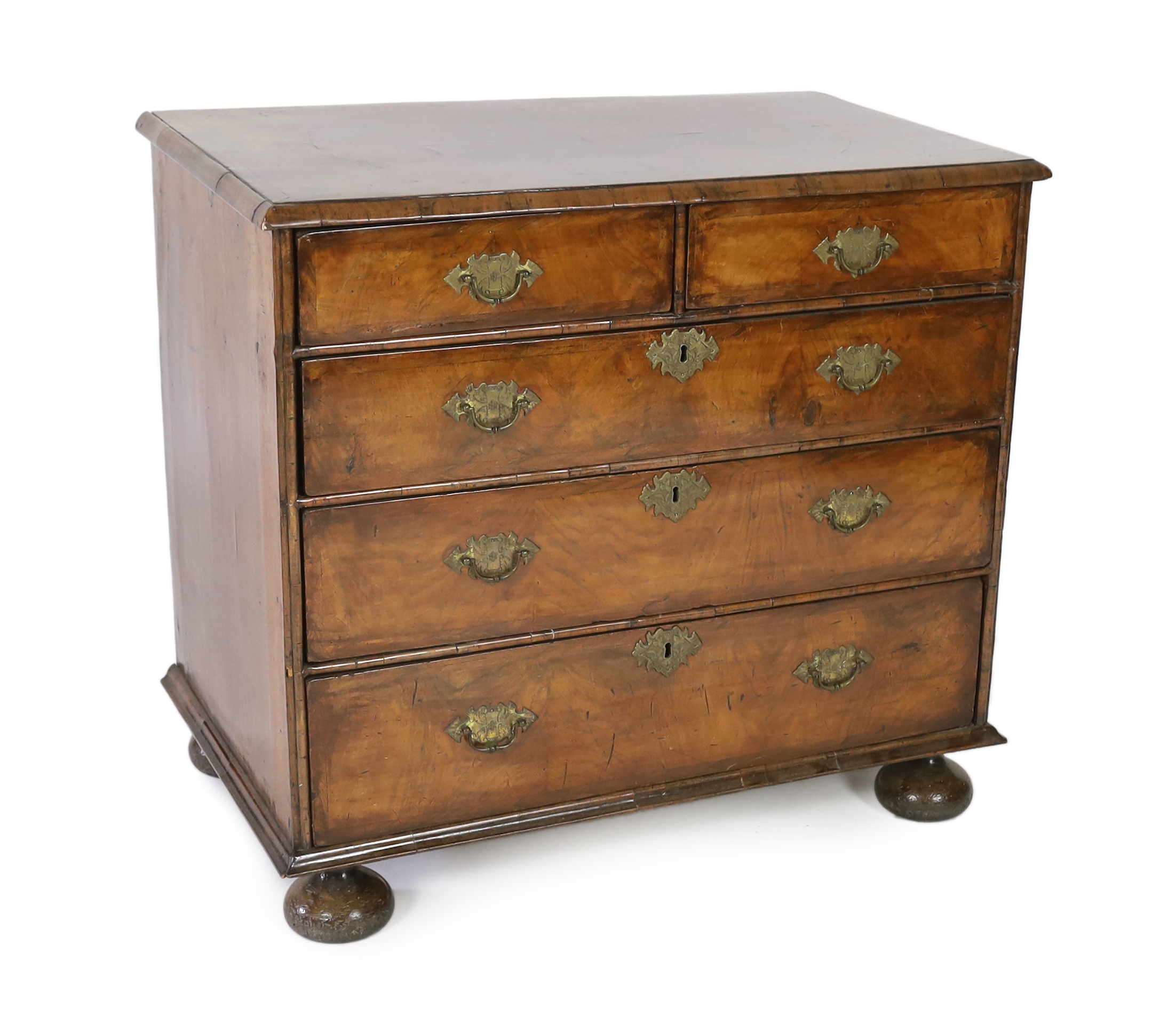 A William and Mary walnut chest of drawers, c.1690, width 94cm, depth 59cm, height 85cm